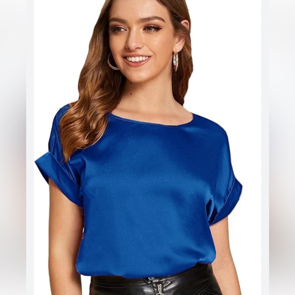Chico’s Navy Silk Cap Sleeve Blouse Top Large